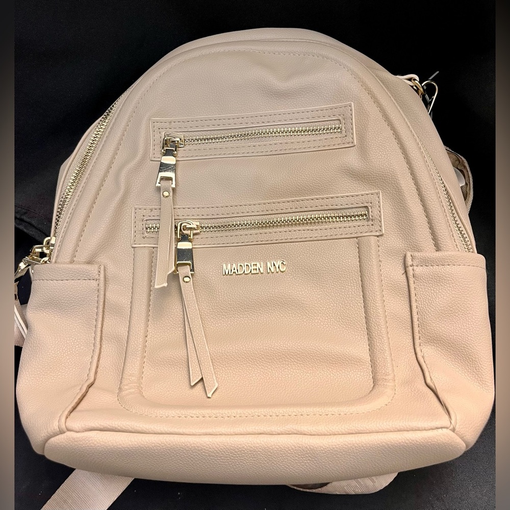 Madden NYC Cream Mini Backpack Purse w/ Coin Pouch Gold Hardware Faux Leather